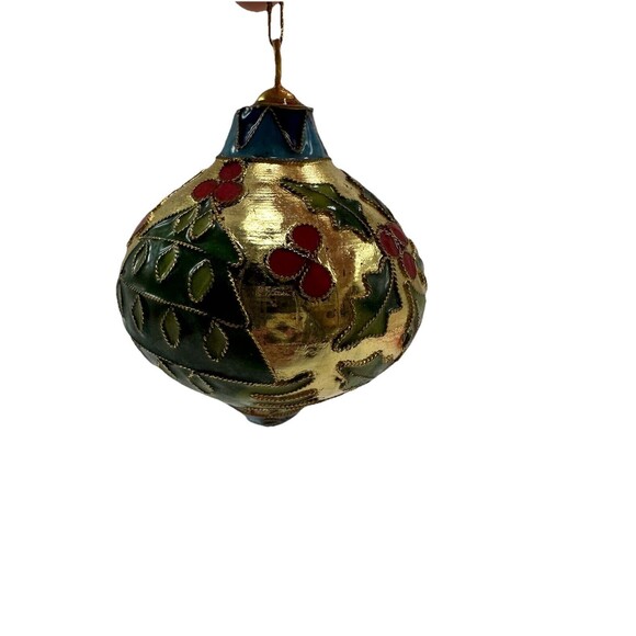 Vintage Gold Cloisonne Enamel Holly Berry Branch Design Christmas Tree Ornament - Picture 11 of 11